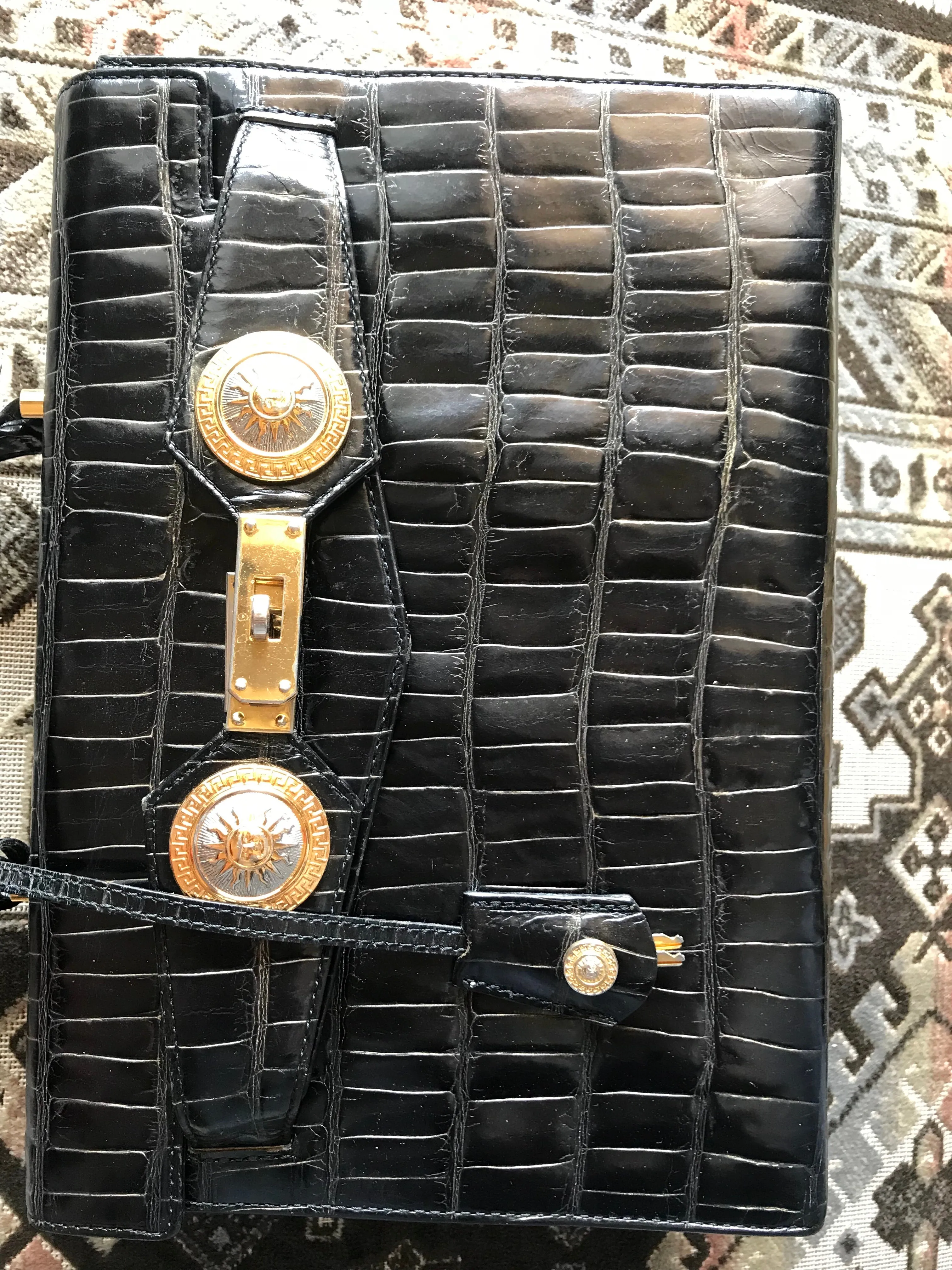 Vintage Gianni Versace black croc embossed leather Kelly style bag with Medallion Sunburst motifs. Gorgeous masterpiece. 050816f1
