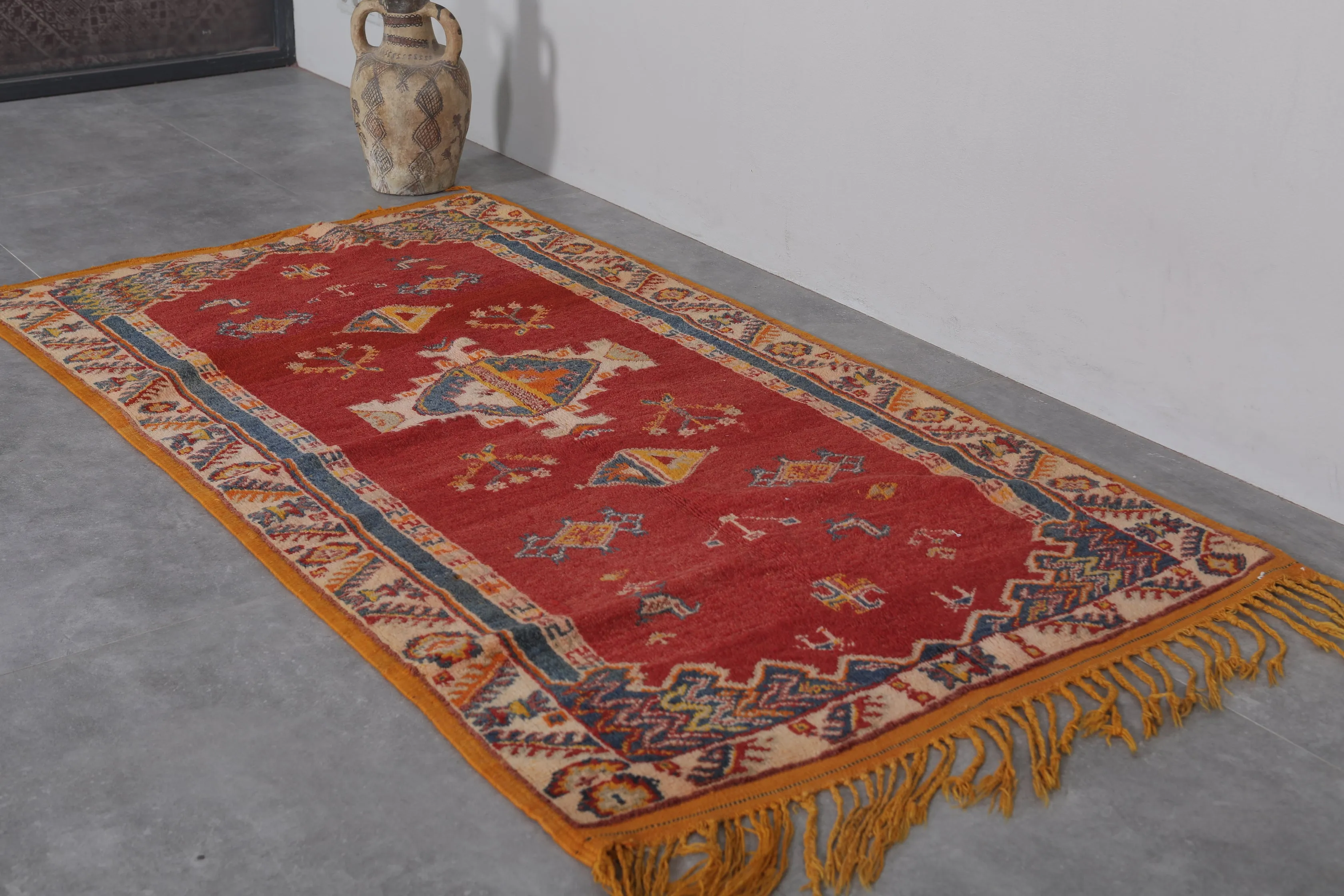 Vintage Moroccan Rug 3.4 x 6.4 FT - Red Handwoven Elegance