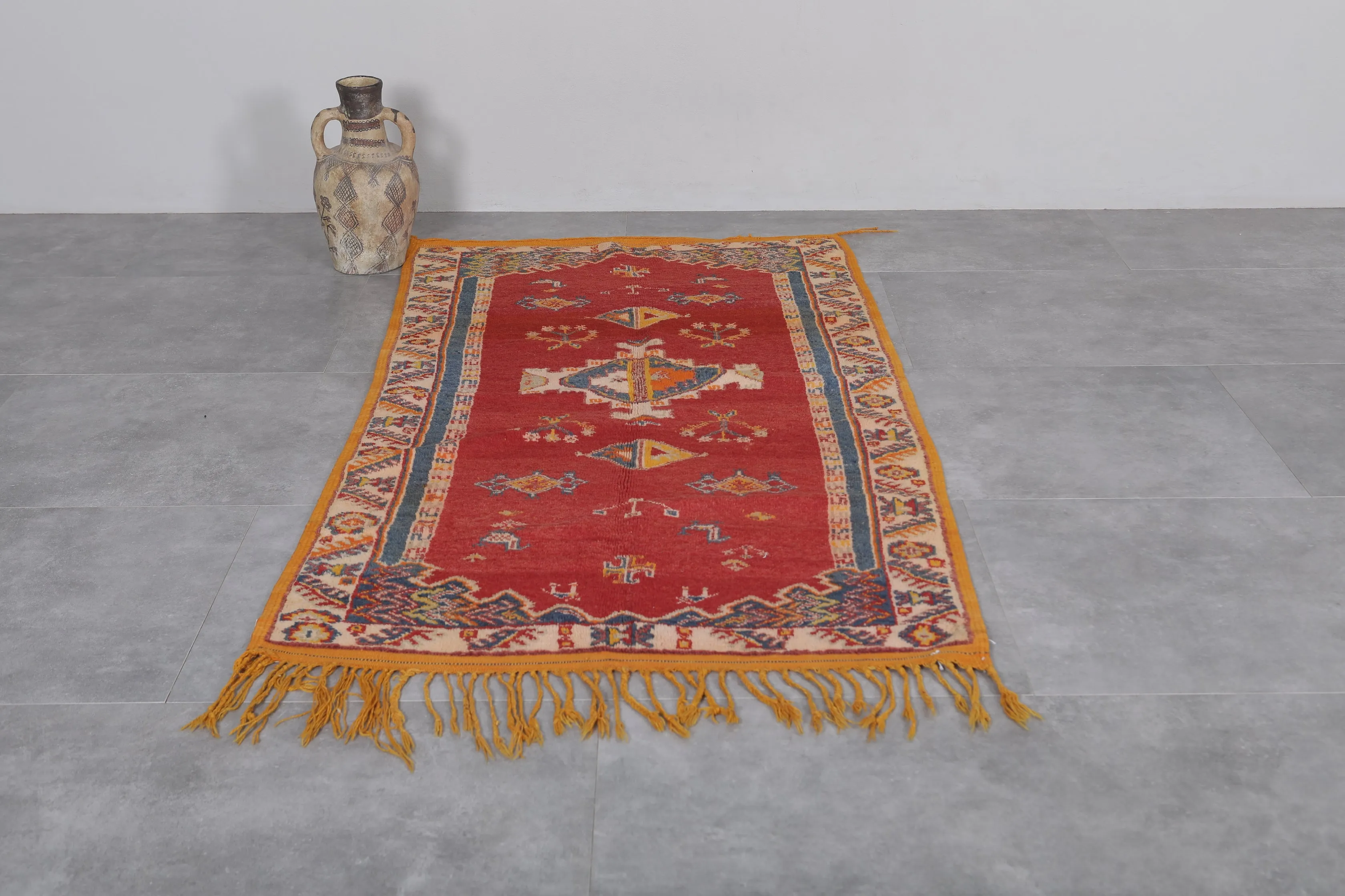 Vintage Moroccan Rug 3.4 x 6.4 FT - Red Handwoven Elegance