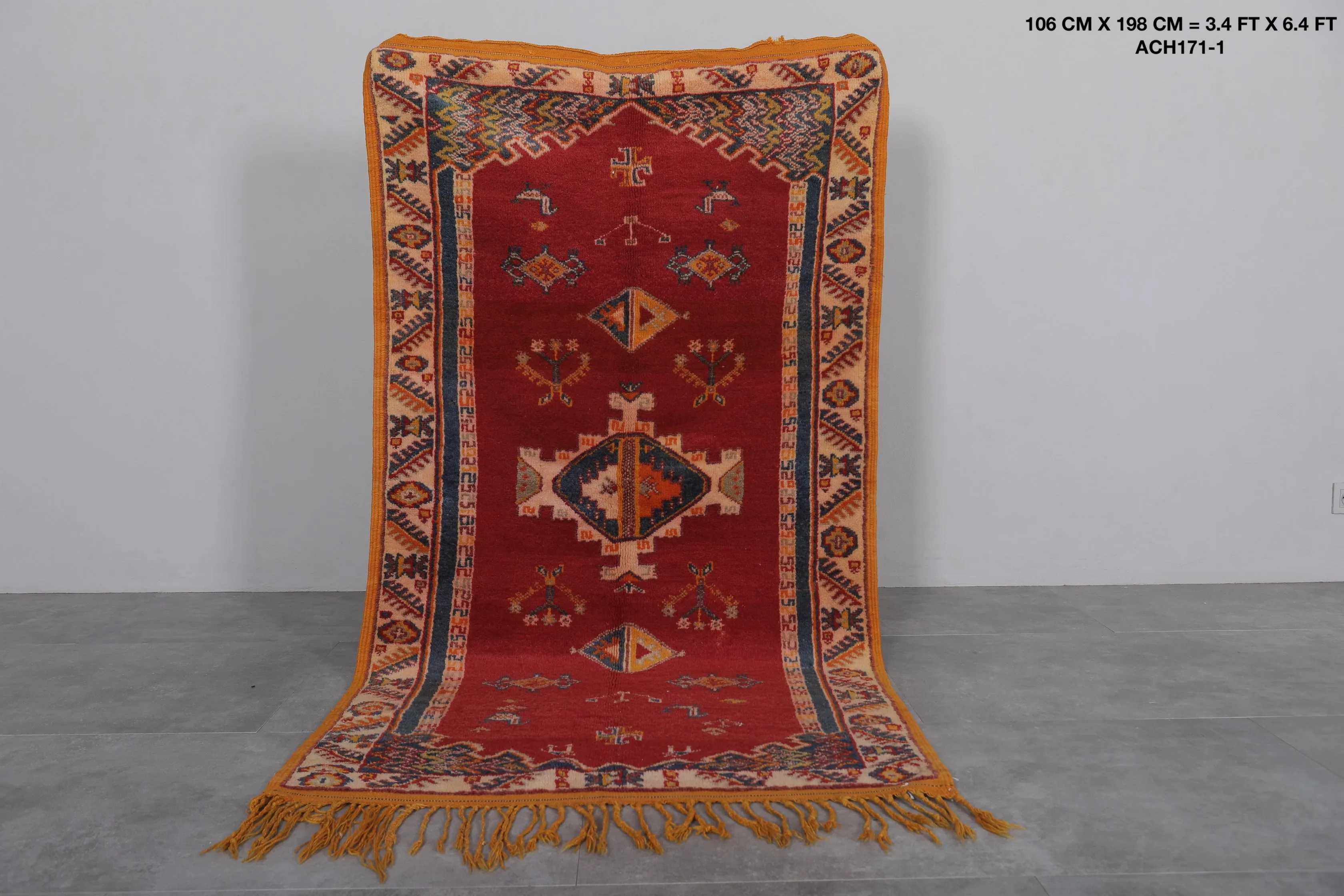Vintage Moroccan Rug 3.4 x 6.4 FT - Red Handwoven Elegance