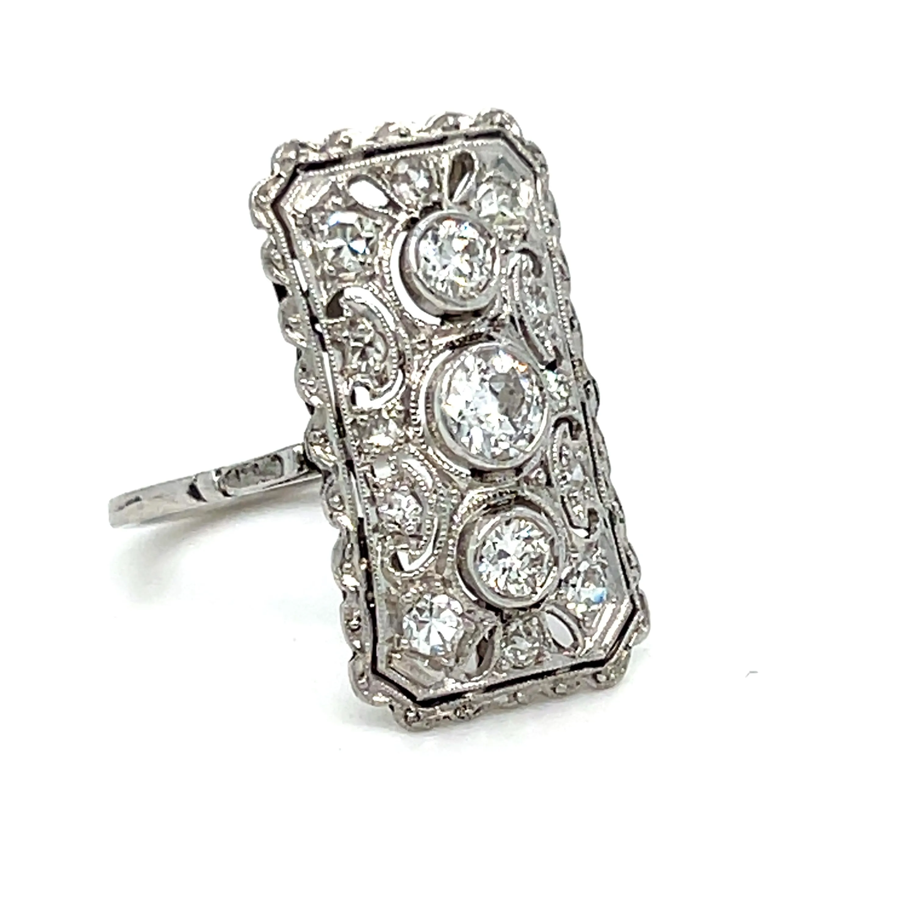 Vintage Open Work Platinum Diamond Cluster Engagement Ring - 1.23ct.