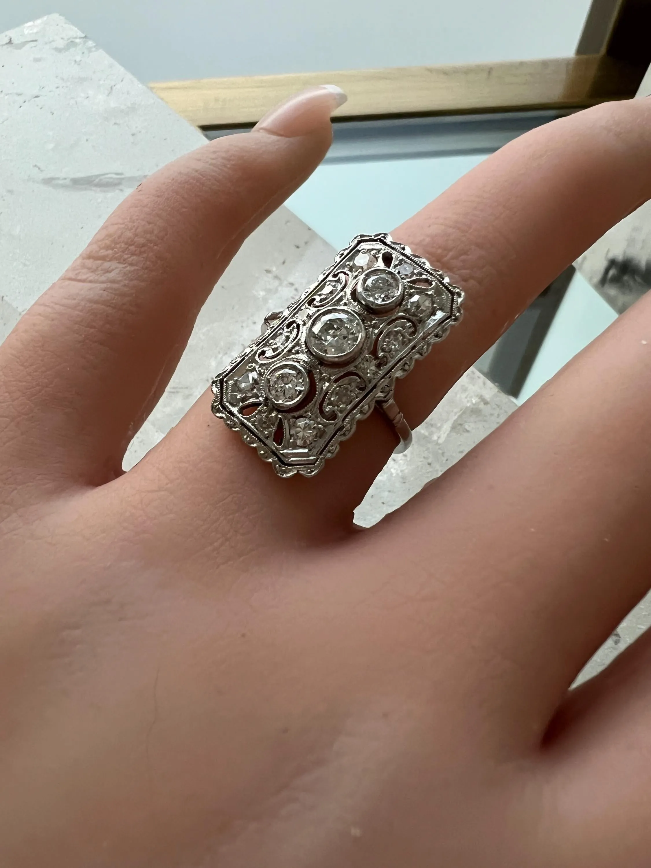 Vintage Open Work Platinum Diamond Cluster Engagement Ring - 1.23ct.