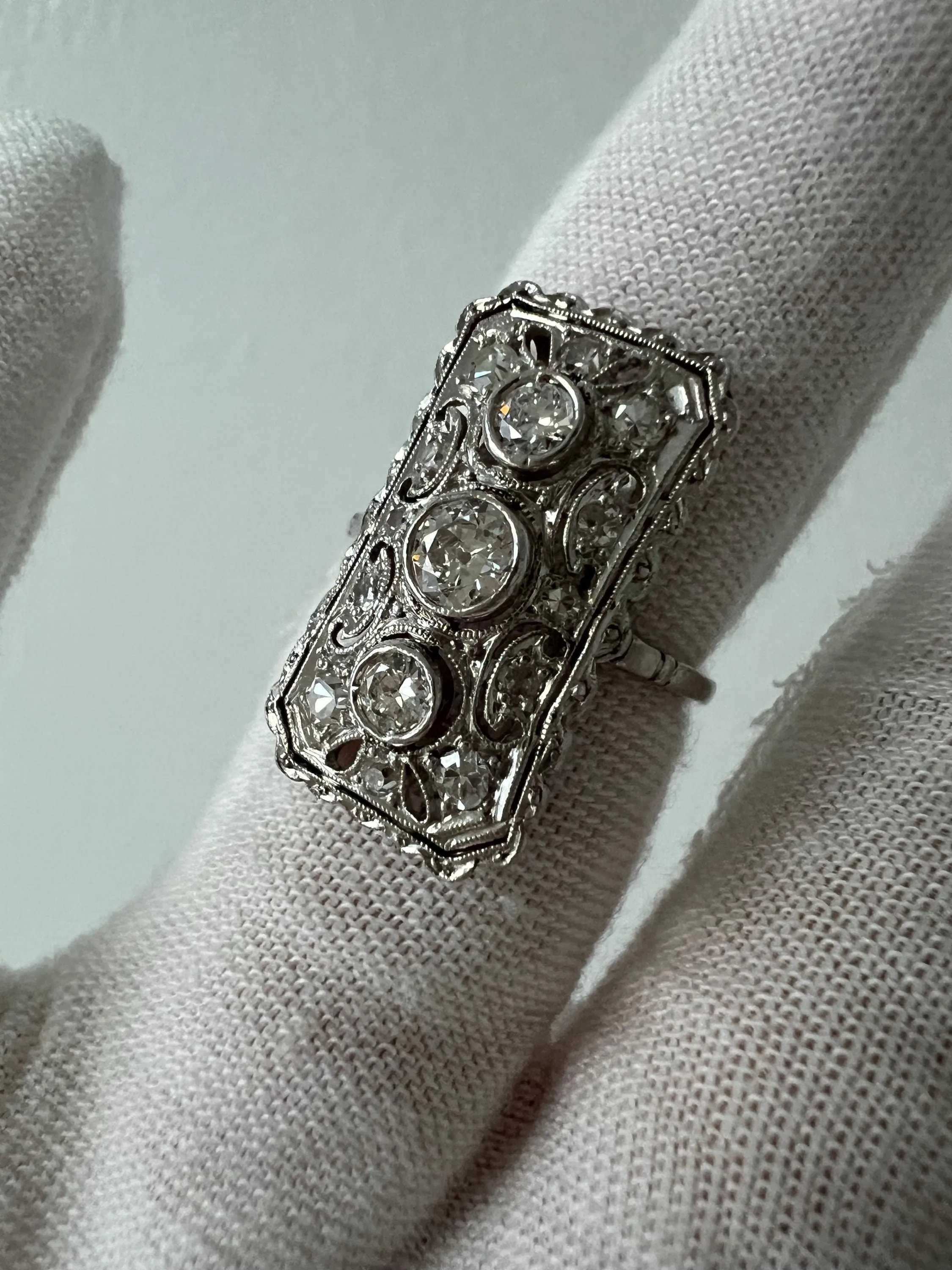 Vintage Open Work Platinum Diamond Cluster Engagement Ring - 1.23ct.