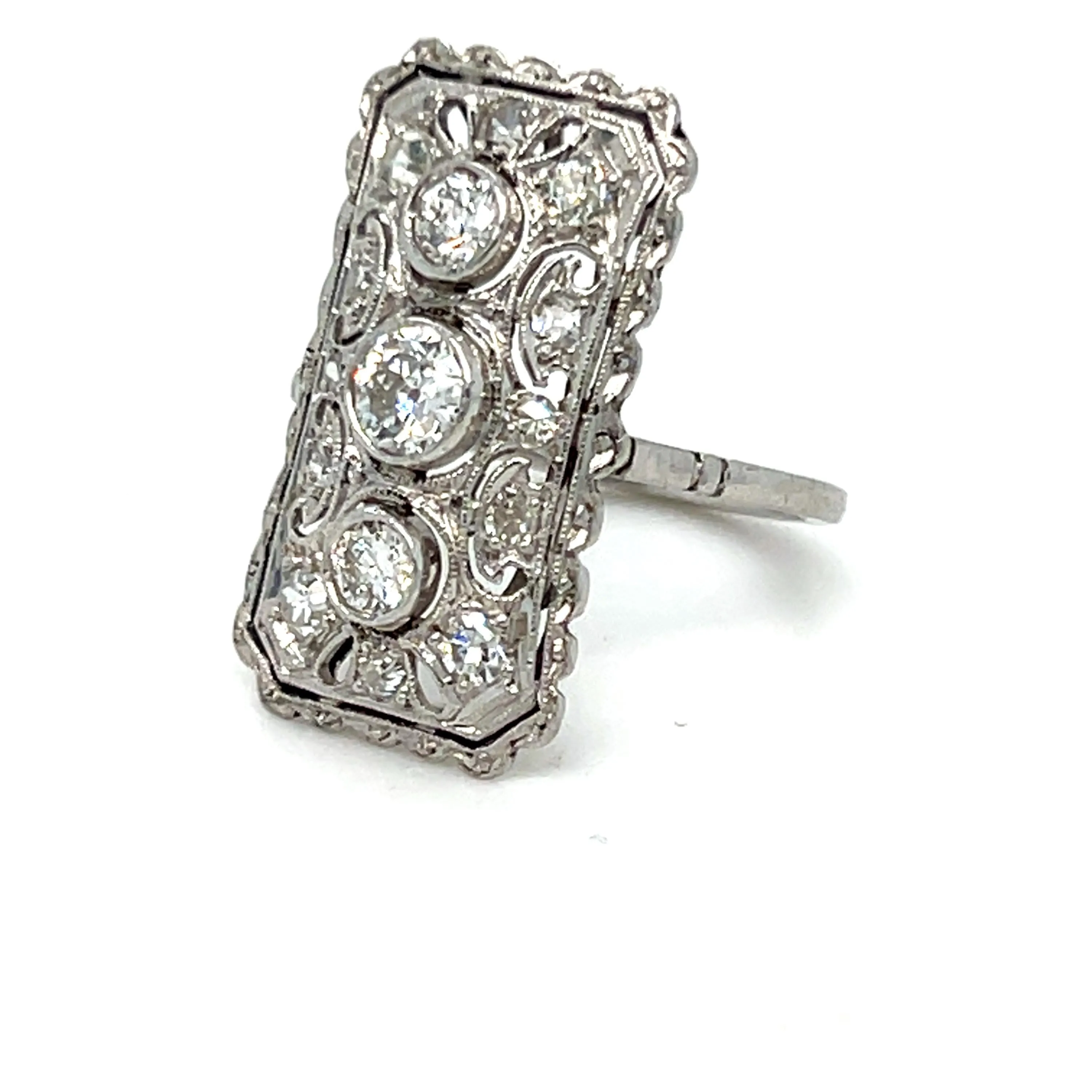 Vintage Open Work Platinum Diamond Cluster Engagement Ring - 1.23ct.