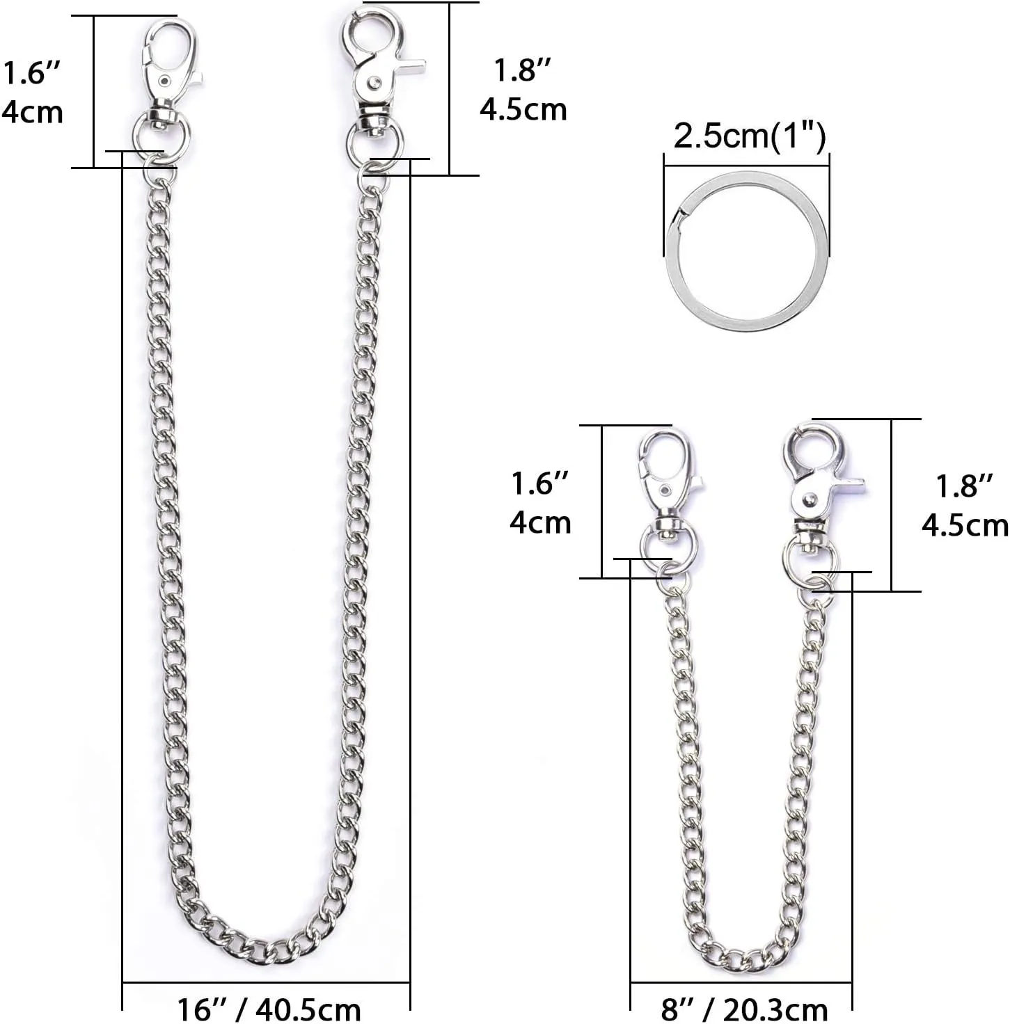 Wallet Chain 2 Pack (8 and 16 Inch) Pocket Keychain with 2 Rings
