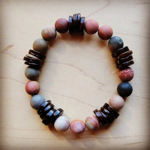 Wanderlust Frosted Picasso Jasper and Wood Bead Stretch Bracelet