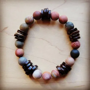 Wanderlust Frosted Picasso Jasper and Wood Bead Stretch Bracelet