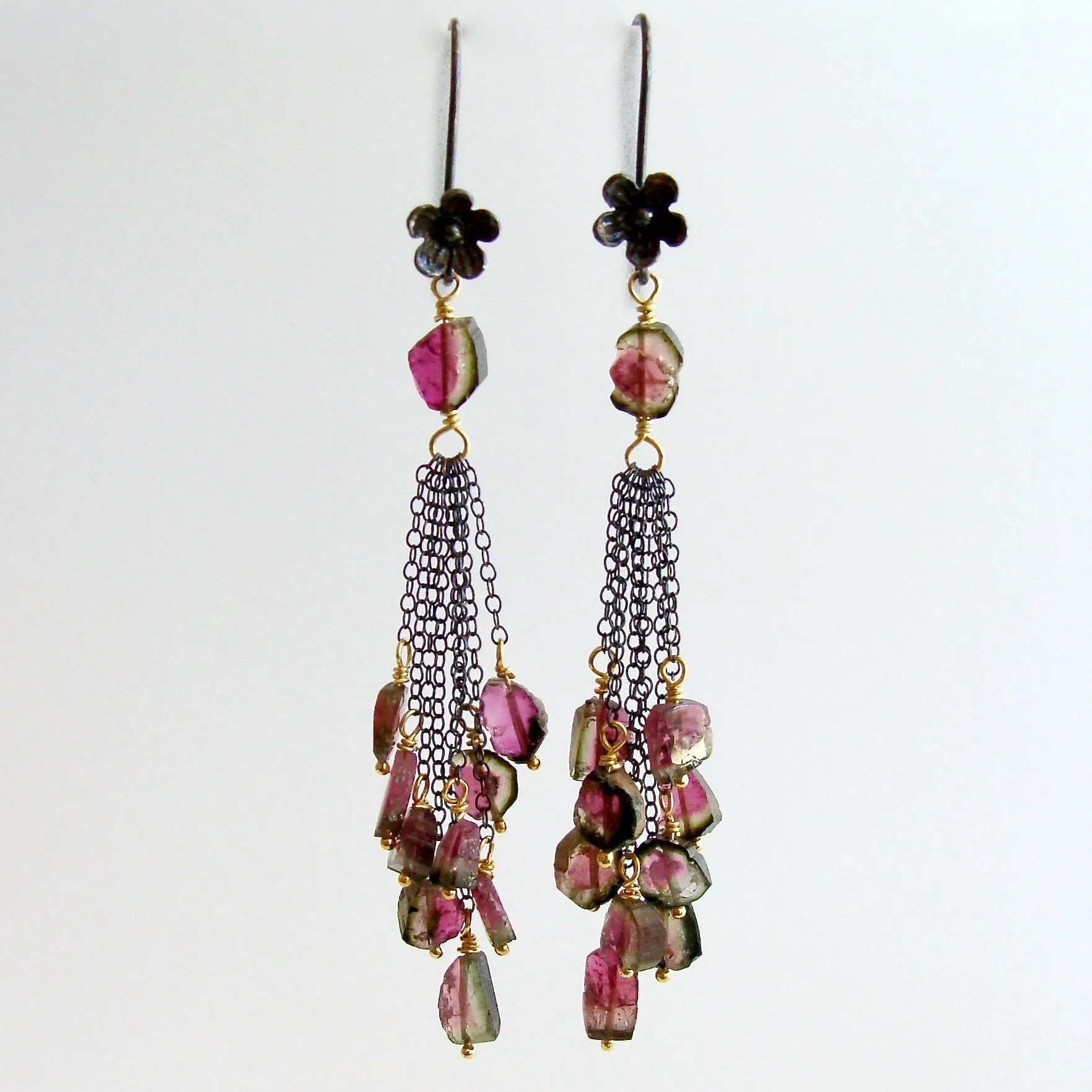 Watermelon Tourmaline Slices Duster Tassel Earrings - Willow Duster Earrings