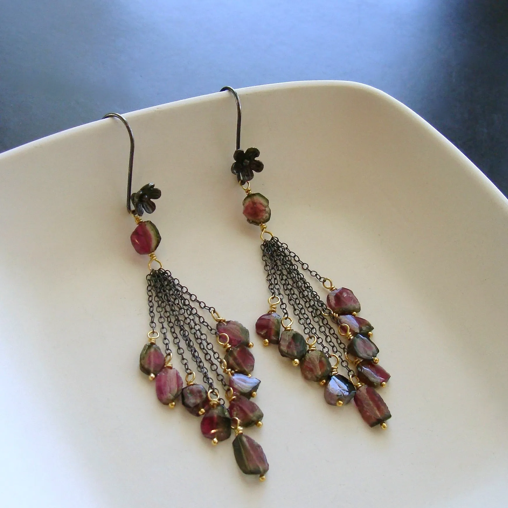 Watermelon Tourmaline Slices Duster Tassel Earrings - Willow Duster Earrings