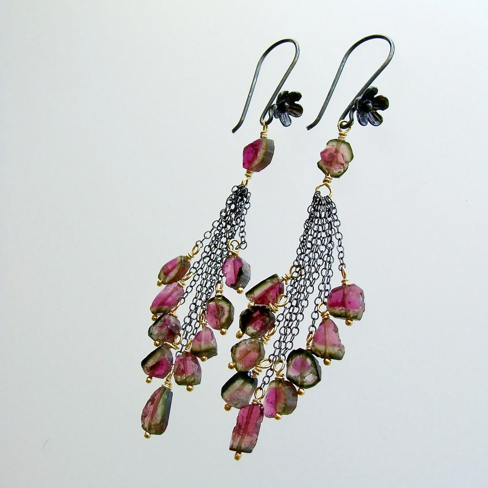 Watermelon Tourmaline Slices Duster Tassel Earrings - Willow Duster Earrings