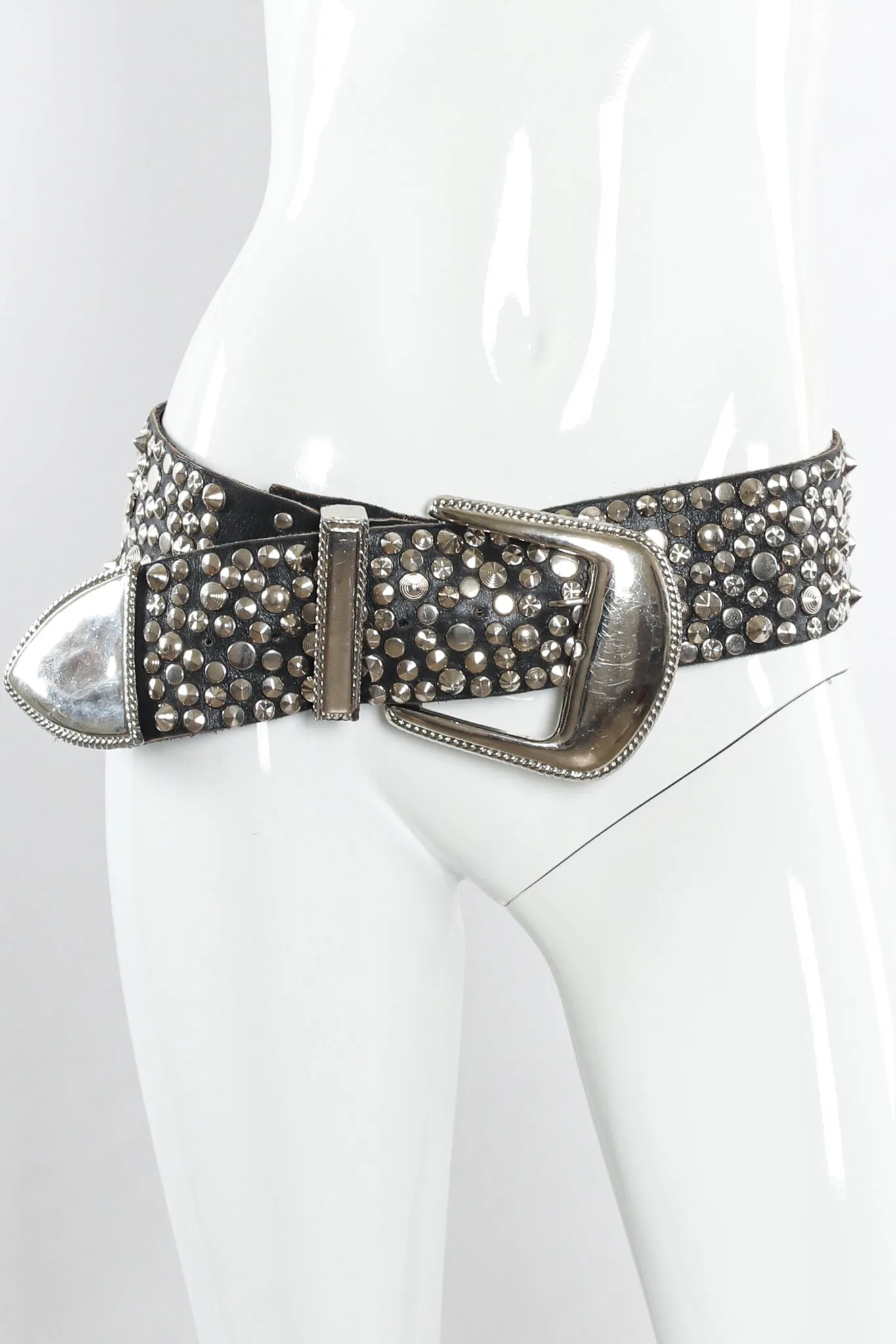 Wide Silver Studded Leather Belt