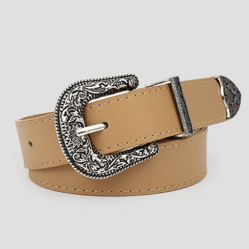 Wisherryy Western Vintage Carved Buckle Basic Belt