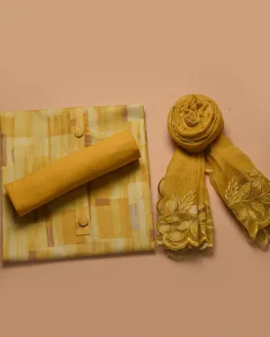 Yellow Cotton Glazed Printed Unstitched Suit Fabric Set With Kota Embroidered Dupatta