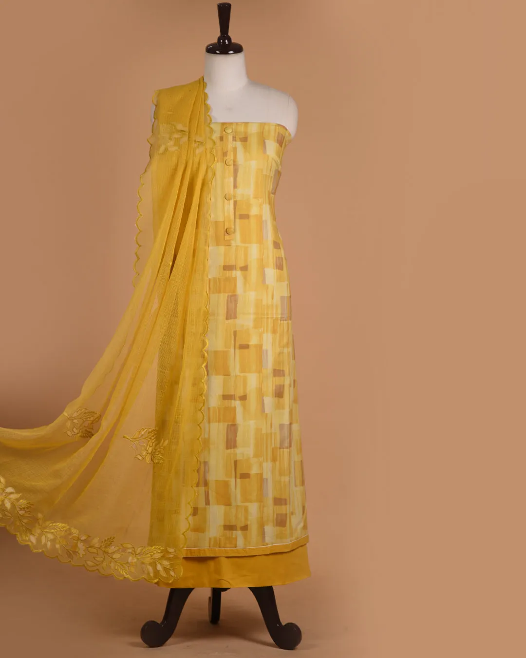 Yellow Cotton Glazed Printed Unstitched Suit Fabric Set With Kota Embroidered Dupatta