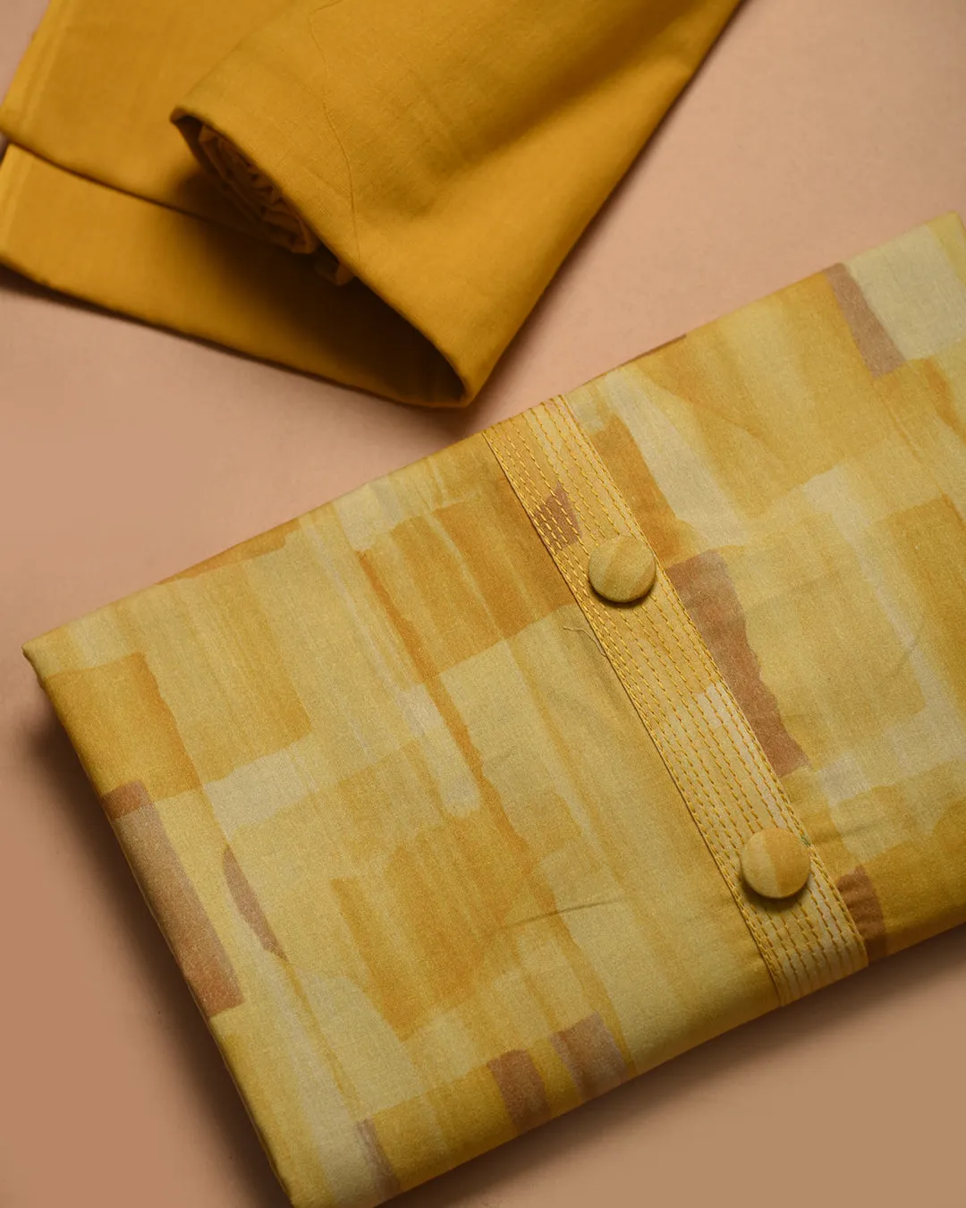 Yellow Cotton Glazed Printed Unstitched Suit Fabric Set With Kota Embroidered Dupatta