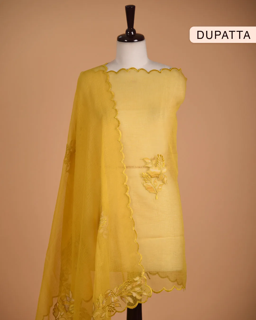 Yellow Cotton Glazed Printed Unstitched Suit Fabric Set With Kota Embroidered Dupatta