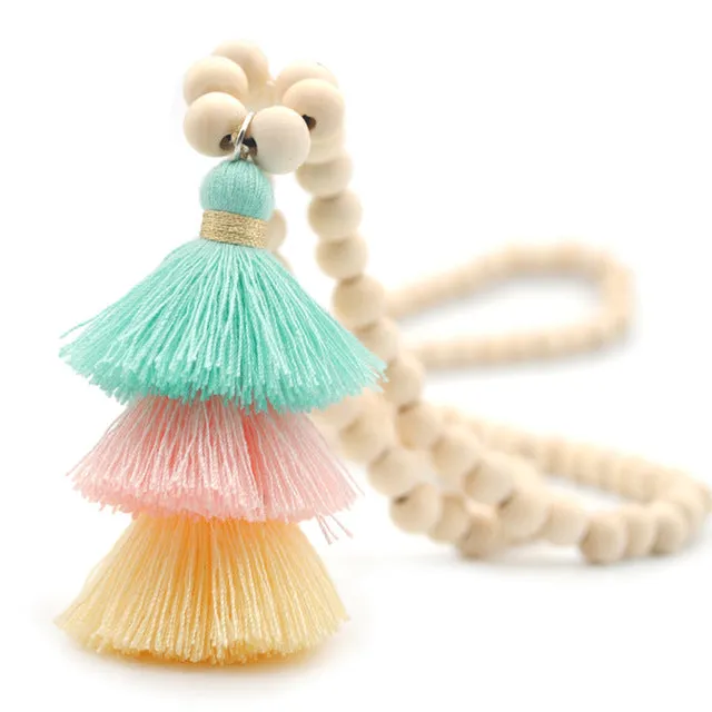 Yumfeel Tassel Necklace Festival 10mm Natural Ivory White Wood Beaded Necklace 3 Layered Cotton Tassels Long Necklace Boho Yoga