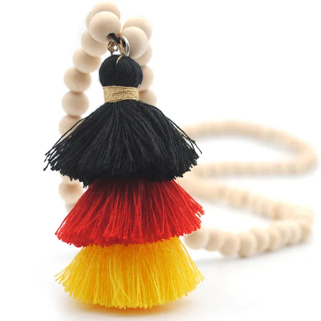 Yumfeel Tassel Necklace Festival 10mm Natural Ivory White Wood Beaded Necklace 3 Layered Cotton Tassels Long Necklace Boho Yoga