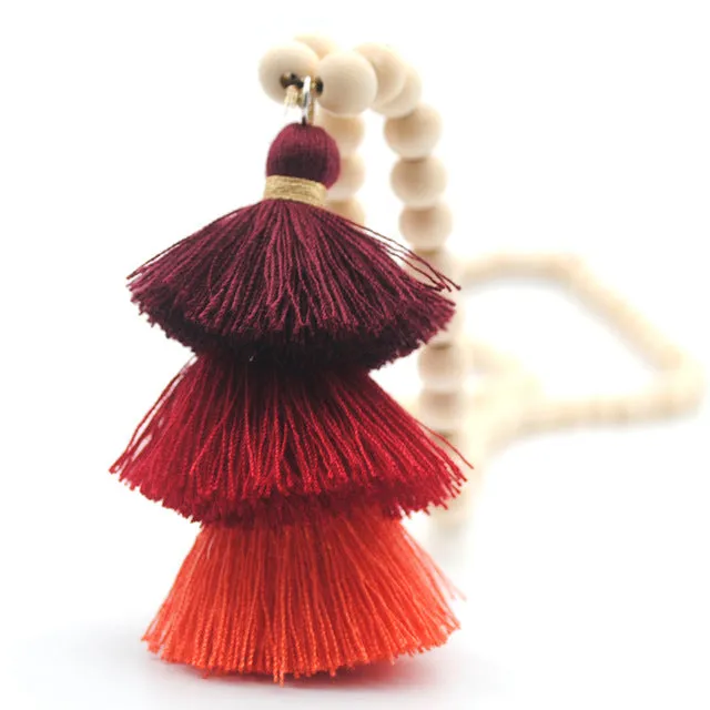 Yumfeel Tassel Necklace Festival 10mm Natural Ivory White Wood Beaded Necklace 3 Layered Cotton Tassels Long Necklace Boho Yoga