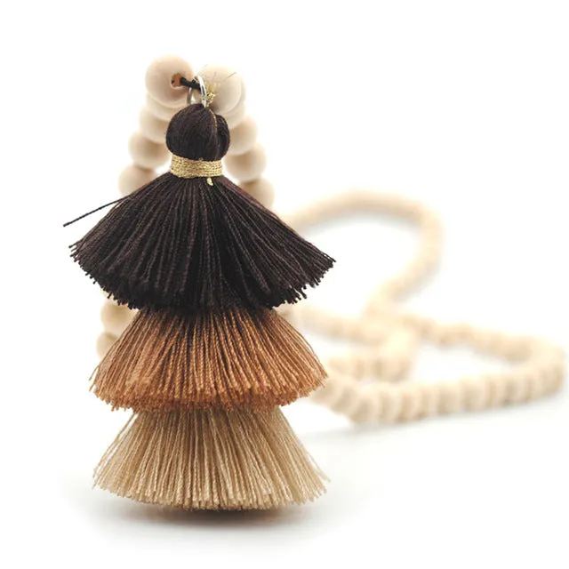 Yumfeel Tassel Necklace Festival 10mm Natural Ivory White Wood Beaded Necklace 3 Layered Cotton Tassels Long Necklace Boho Yoga