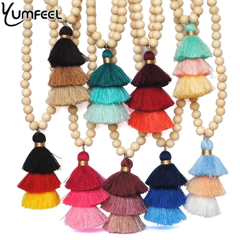 Yumfeel Tassel Necklace Festival 10mm Natural Ivory White Wood Beaded Necklace 3 Layered Cotton Tassels Long Necklace Boho Yoga
