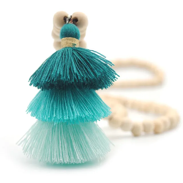 Yumfeel Tassel Necklace Festival 10mm Natural Ivory White Wood Beaded Necklace 3 Layered Cotton Tassels Long Necklace Boho Yoga