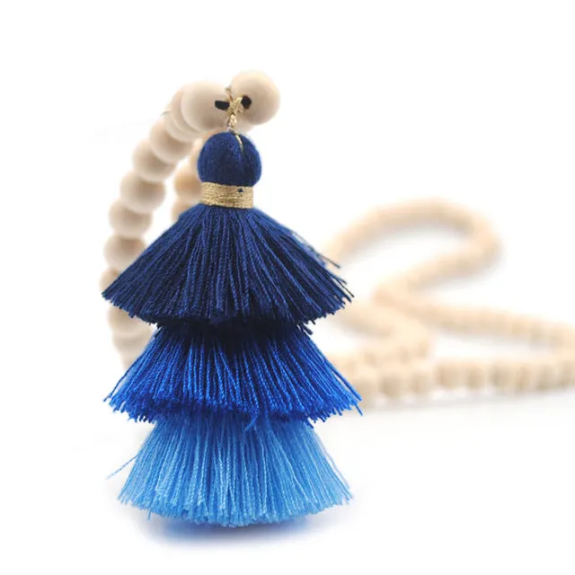Yumfeel Tassel Necklace Festival 10mm Natural Ivory White Wood Beaded Necklace 3 Layered Cotton Tassels Long Necklace Boho Yoga