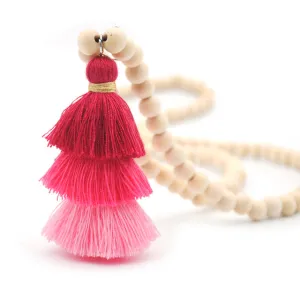 Yumfeel Tassel Necklace Festival 10mm Natural Ivory White Wood Beaded Necklace 3 Layered Cotton Tassels Long Necklace Boho Yoga
