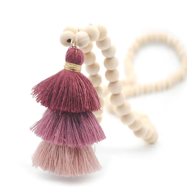 Yumfeel Tassel Necklace Festival 10mm Natural Ivory White Wood Beaded Necklace 3 Layered Cotton Tassels Long Necklace Boho Yoga