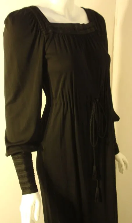 YVES SAINT LAURENT 1970s Black Bohemian Gown w/ Tassel Size 34