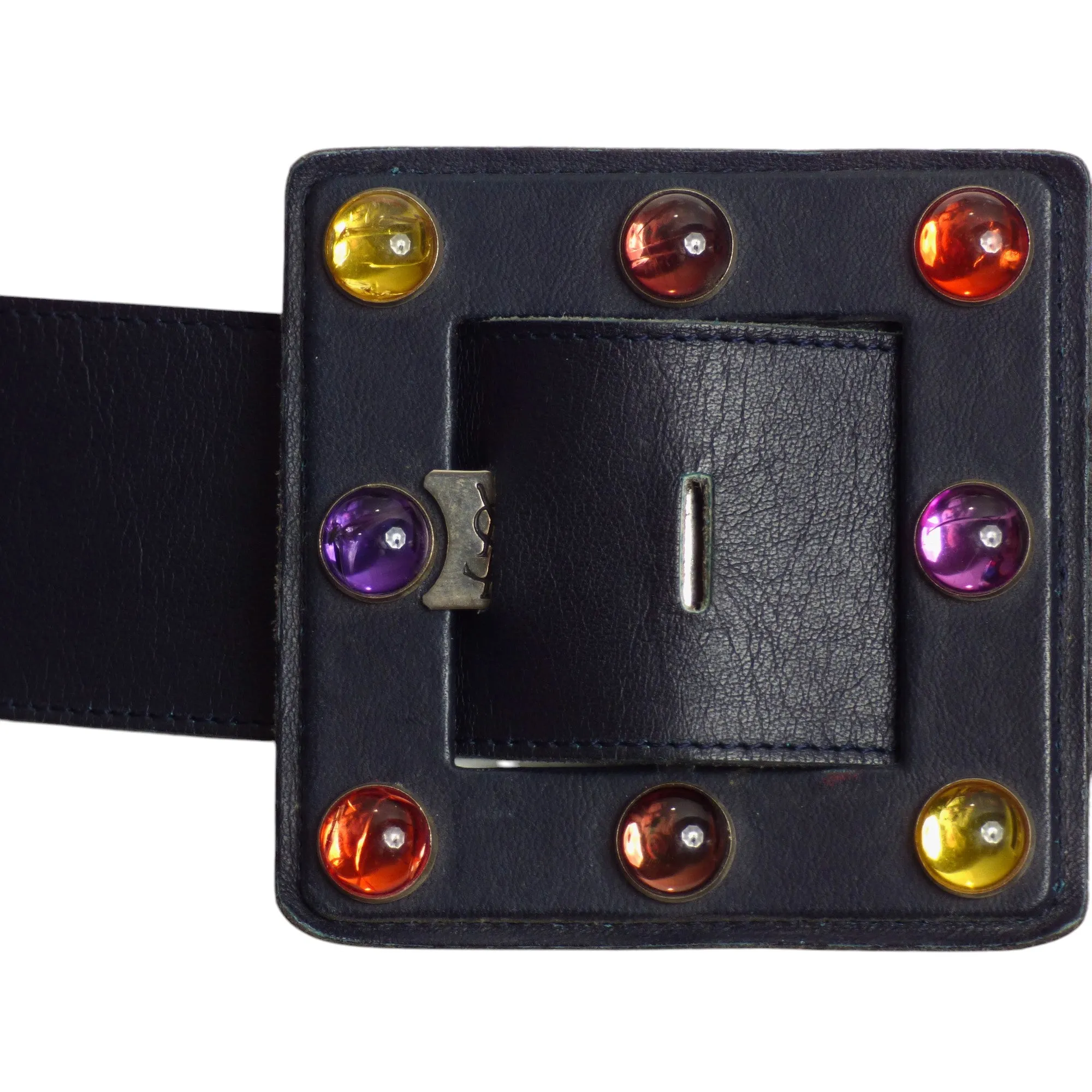 YVES SAINT LAURENT- c.1990 Black Leather Jeweled Belt, Waist-32"